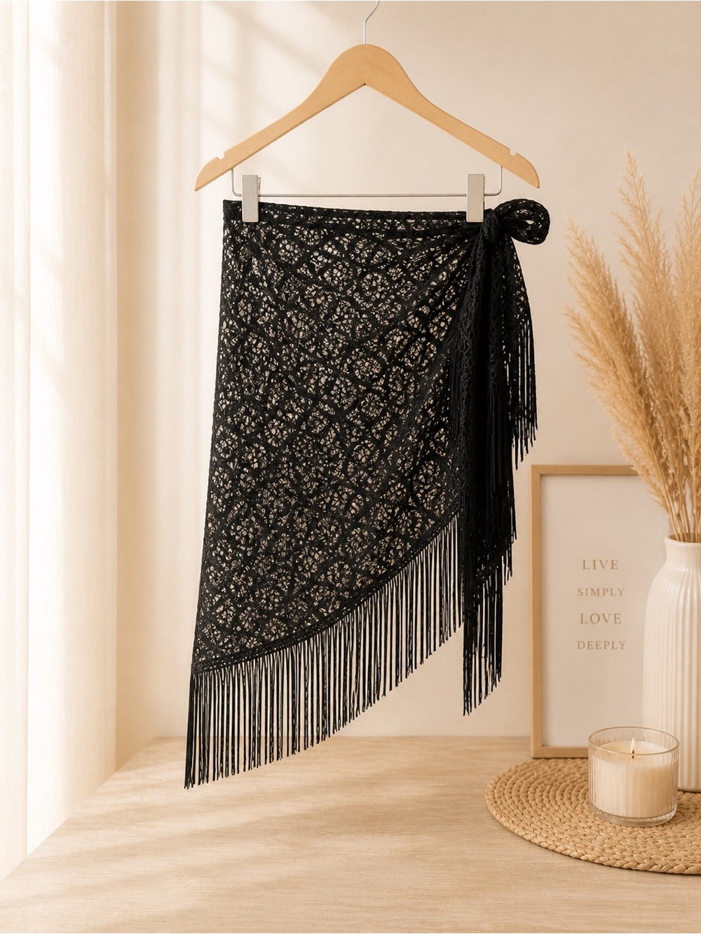 La Vie En Rose Black Lace Fringe Swim Coverup Sarong